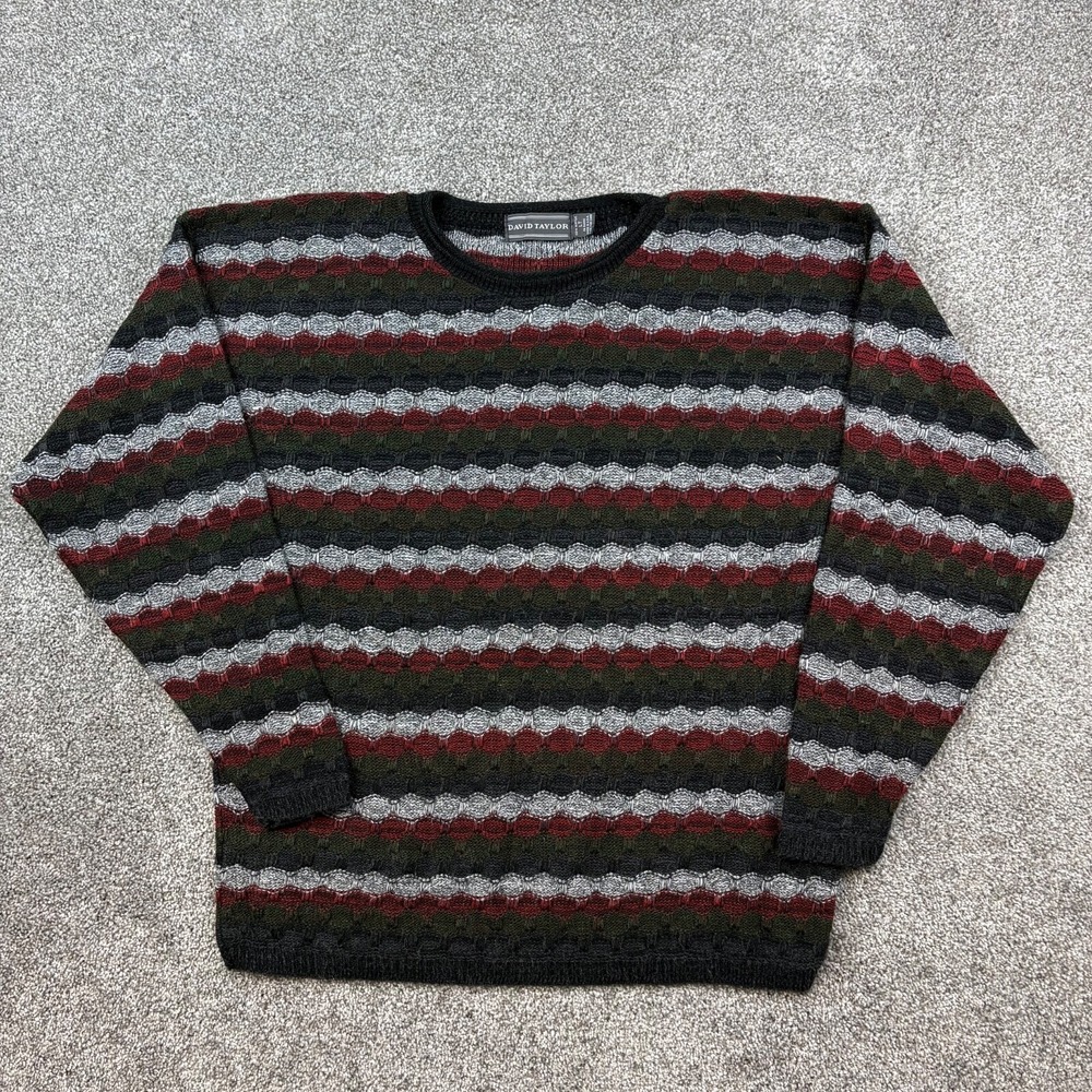 Vintage David Taylor Sweater Mens Large Tall Knit Geometric Striped‎ USA Made